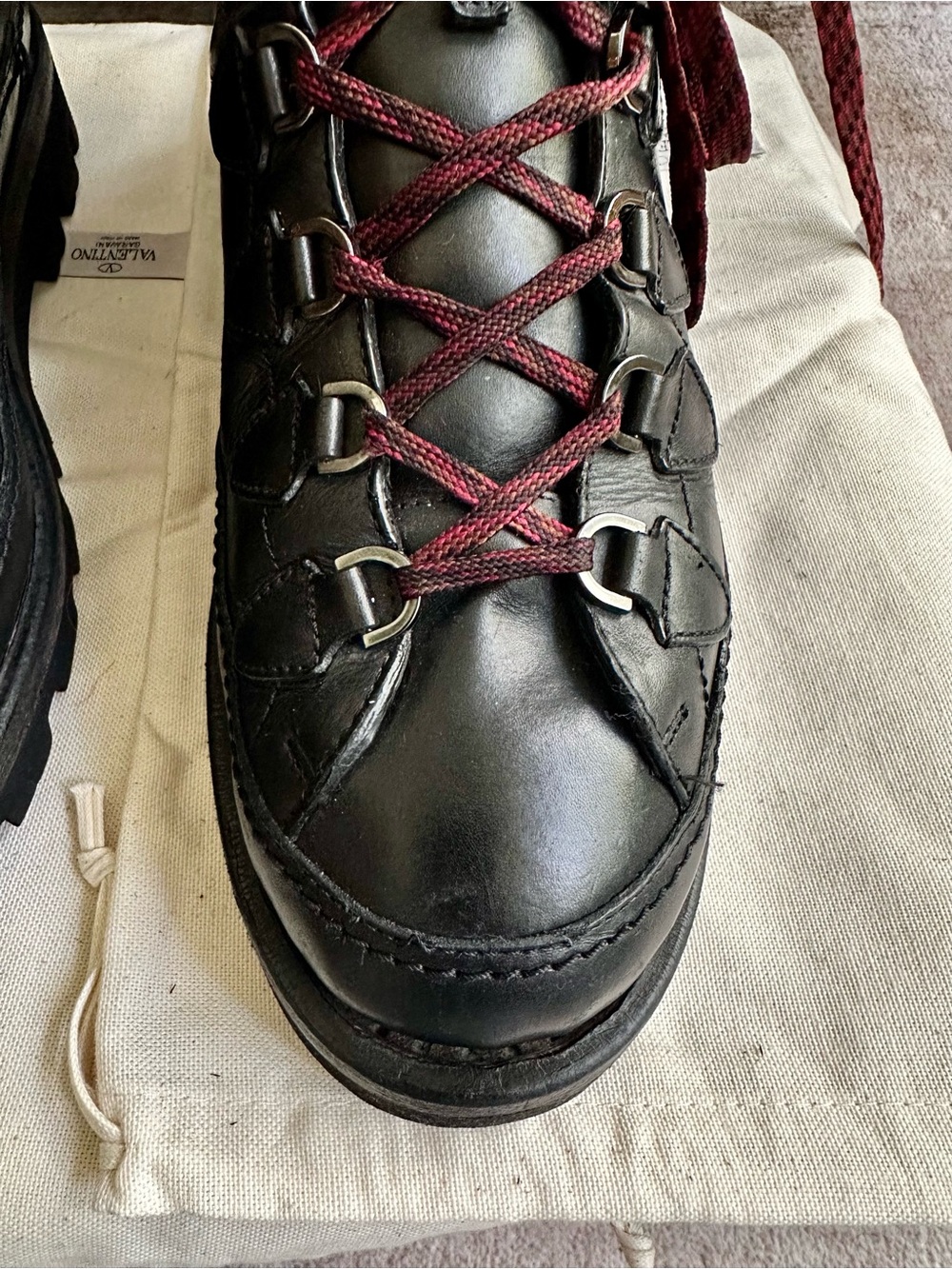 Valentino Black Leather Hiking-Style Boot with Burgundy Laces